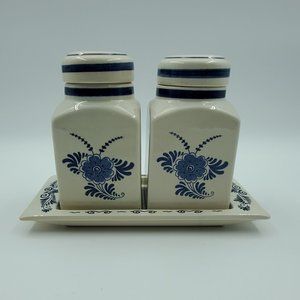 Delft Spice Jars Canisters Lidded Condiment Jars with Tray.  Holland Windmill